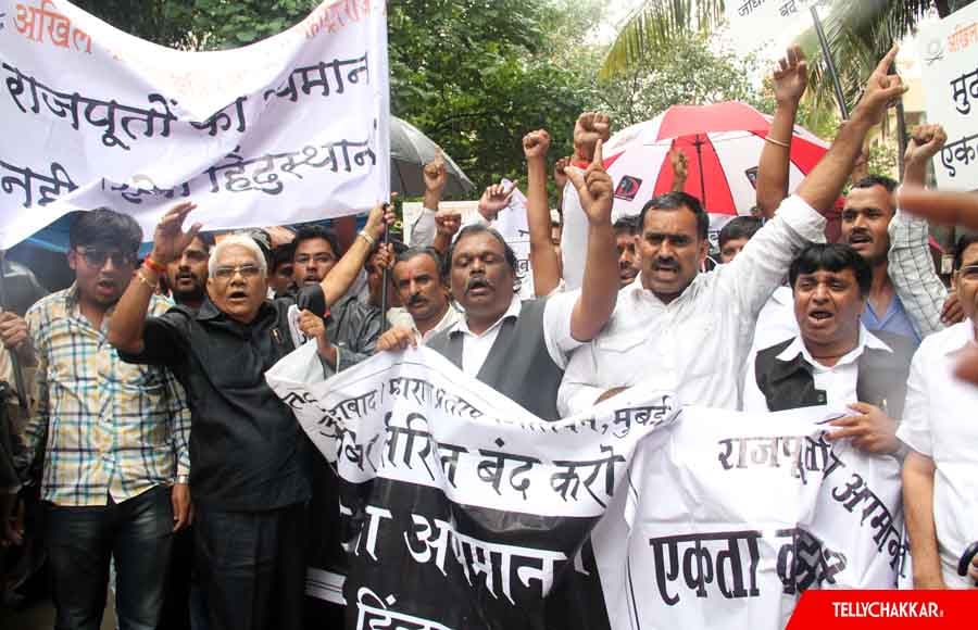 Members of Akhil Bharatiya Kshatriya Mahasabha protest outside Balaji office