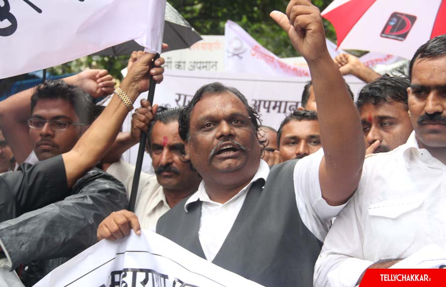 Members of Akhil Bharatiya Kshatriya Mahasabha protest outside Balaji office