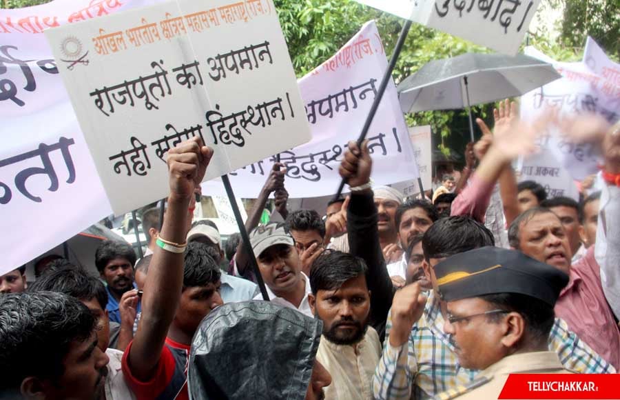 Members of Akhil Bharatiya Kshatriya Mahasabha protest outside Balaji office