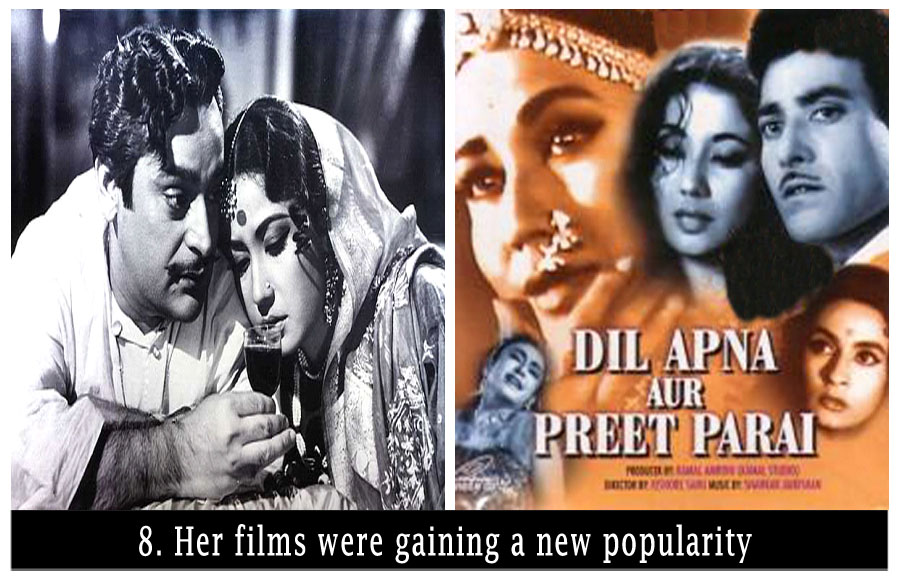 As was the case earlier, her personal life was in a lot of pain and suffering but her films were roaring successes. She did quite a few memorable roles during this period. The most notable amongst them were Sahib Biwi Ghulam, Dil Apna Preet Parai, Aarti, Main Chup Rahungi
