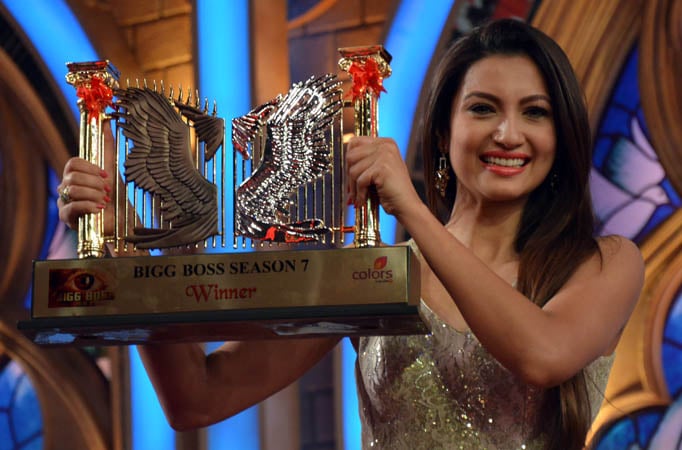 Gauahar Khan with the Bigg Boss 7 victory trophy