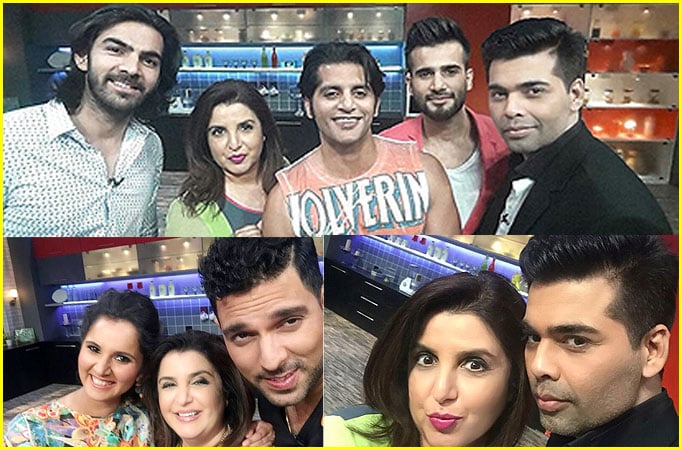 Karan V Bohra, Karan Tacker, Karan V Grover, Karan Johar, Yuvraj Singh, Sania Mirza with Farah Khan